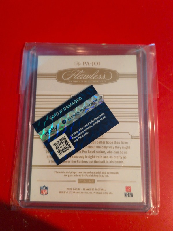 Josh Jacobs 2022 Panini Flawless Auto 6/6 Book End Player Worn Material Case Hit view 2