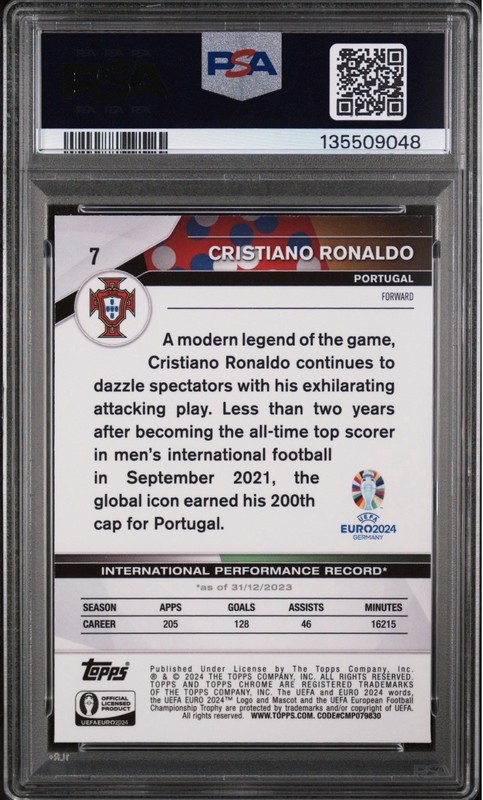 2024 Topps Chrome Sapphire UEFA Euro #7 Cristiano Ronaldo Portugal PSA 10 GEM MT view 2