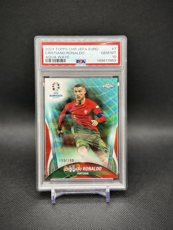 Cristiano Ronaldo 2024 Topps Chrome Aqua Wave Refractor /199 PSA 10 Gem Mint