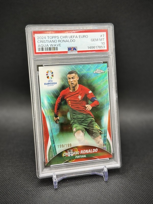 Cristiano Ronaldo 2024 Topps Chrome Aqua Wave Refractor /199 PSA 10 Gem Mint view 2