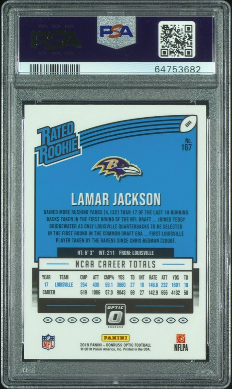 2018 Donruss Optic Rated Rookie Lamar Jackson #167 PSA 10 view 2