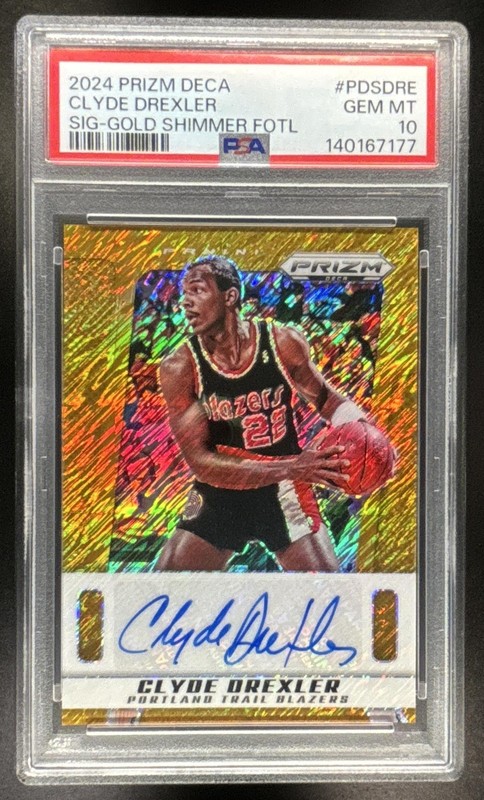 Clyde Drexler 2024-25 Panini Prizm Deca #PDS-DRE Gold Shimmer AUTO /10 PSA 10
