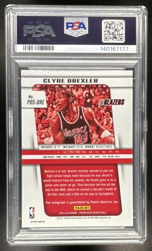 Clyde Drexler 2024-25 Panini Prizm Deca #PDS-DRE Gold Shimmer AUTO /10 PSA 10 view 2