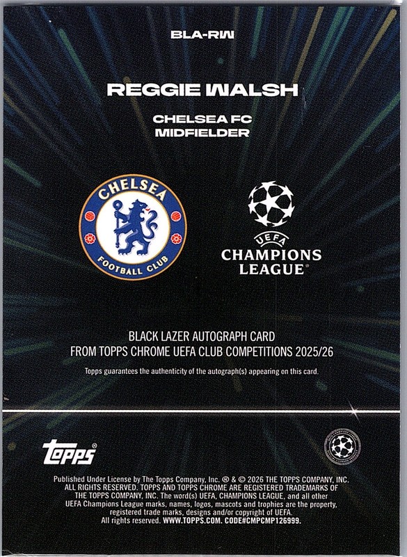 Reggie Walsh 2025-26 Topps Chrome UEFA Black Lazer RC Auto SP Rookie Chelsea view 2