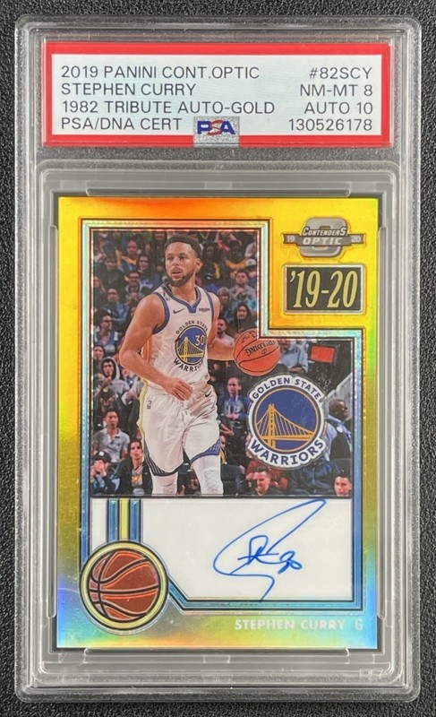 STEPHEN CURRY PSA 8 2019 CONTENDERS OPTIC 1982 TRIBUTE GOLD PRIZM 10 AUTO 4/10
