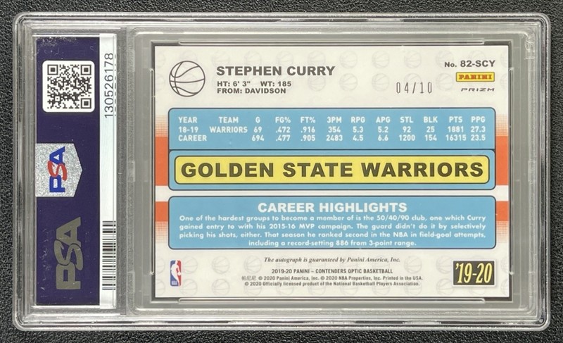 STEPHEN CURRY PSA 8 2019 CONTENDERS OPTIC 1982 TRIBUTE GOLD PRIZM 10 AUTO 4/10 view 2
