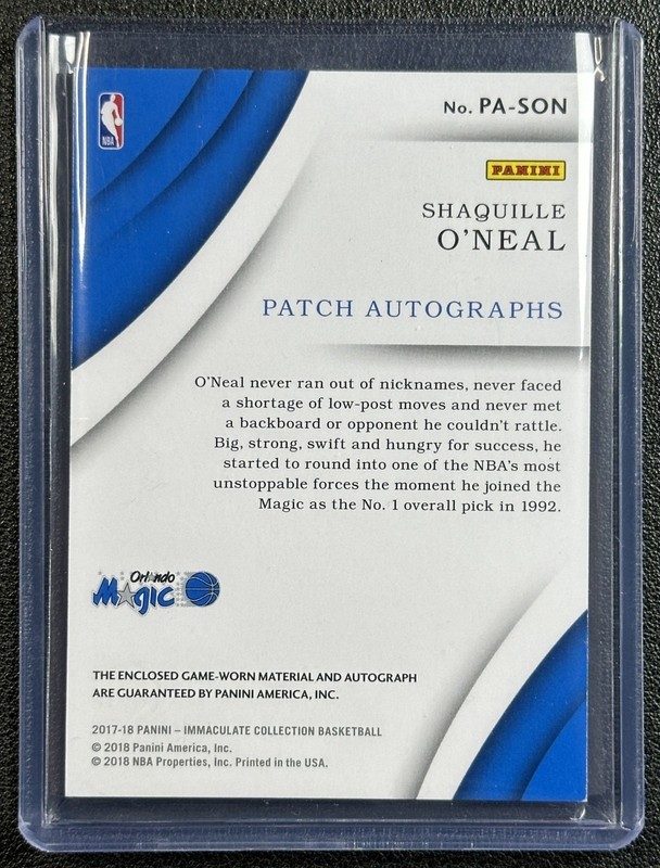 SHAQUILLE O'NEAL 2017-18 PANINI IMMACULATE #PA-SON GAME-WORN PATCH AUTO 10/15 view 2