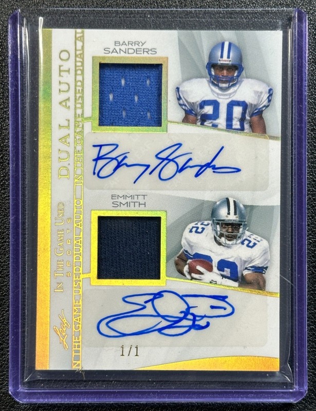 BARRY SANDERS EMMITT SMITH 2025 LEAF IN THE GAME USED DUAL JERSEY AUTO GOLD 1/1