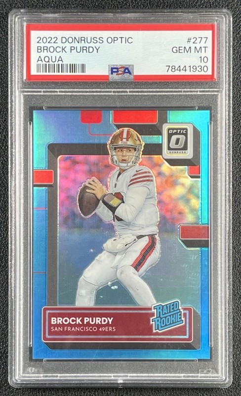 BROCK PURDY PSA 10 2022 PANINI DONRUSS OPTIC #277 ROOKIE AQUA PRIZM RC 71/299