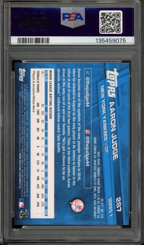 2017 Topps Series 1 AARON JUDGE #287 RC Rookie PSA 9 New York Yankees view 2
