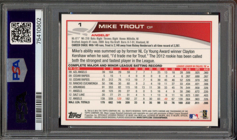 2013 Topps Chrome MIKE TROUT #1 Sliding PSA 10 Los Angeles Angels view 2