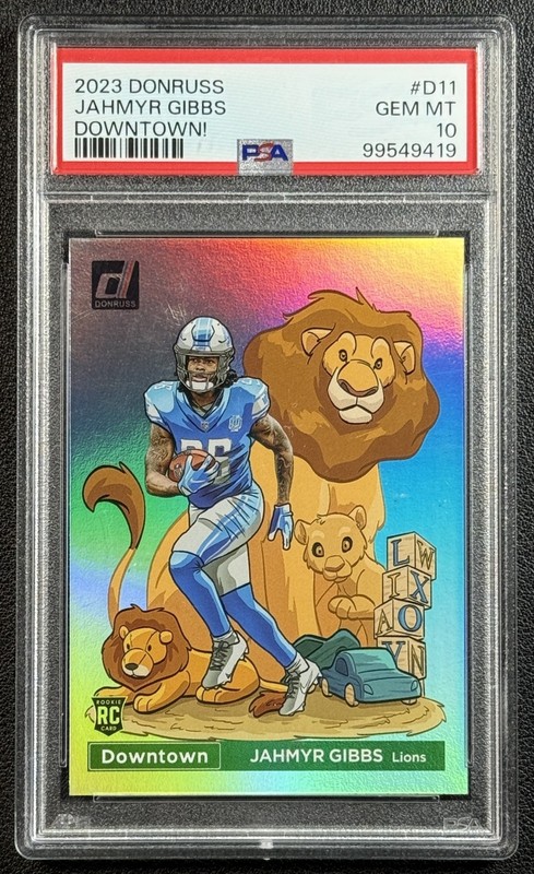 JAHMYR GIBBS PSA 10 2023 PANINI DONRUSS #D-11 ROOKIE DOWNTOWN! SSP RC LIONS GEM