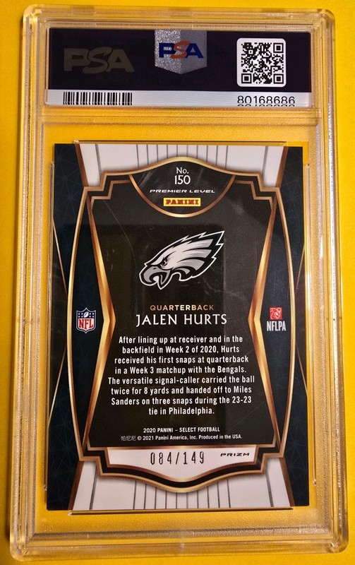 2020 Panini Select - Premier Level Jalen Hurts #150 Blue Prizm /149 (RC) PSA 9 view 2