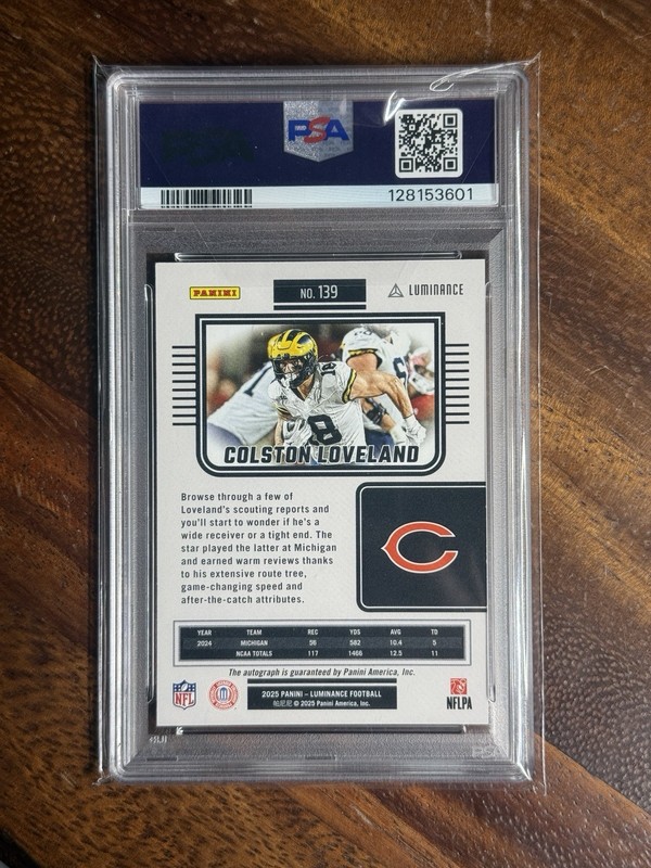 2025 Panini Luminance Colston Loveland #139 Rookie Auto Vivid /10 PSA 10 - BEARS view 2