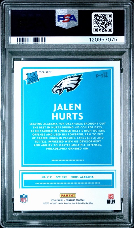 2020 Panini Donruss Jalen Hurts Rated Rookie Red/Green Optic Preview RC PSA 9 view 2