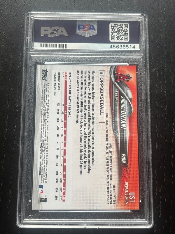 2018 TOPPS UPDATE #US1 SHOHEI OHTANI ROOKIE RC PSA 10 view 2