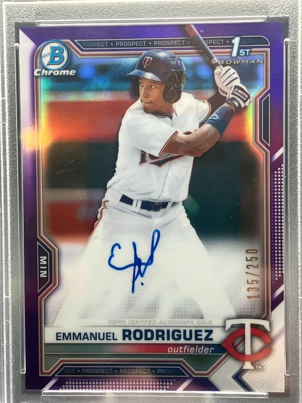 Emmanuel Rodriguez 2021 Bowman Chrome 1st Purple Auto Refractor /250 PSA 9 /10 view 2
