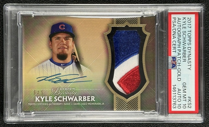 KYLE SCHWARBER PSA 10 2017 TOPPS DYNASTY GAME-USED PATCH AUTO GOLD 3/5 POP 1
