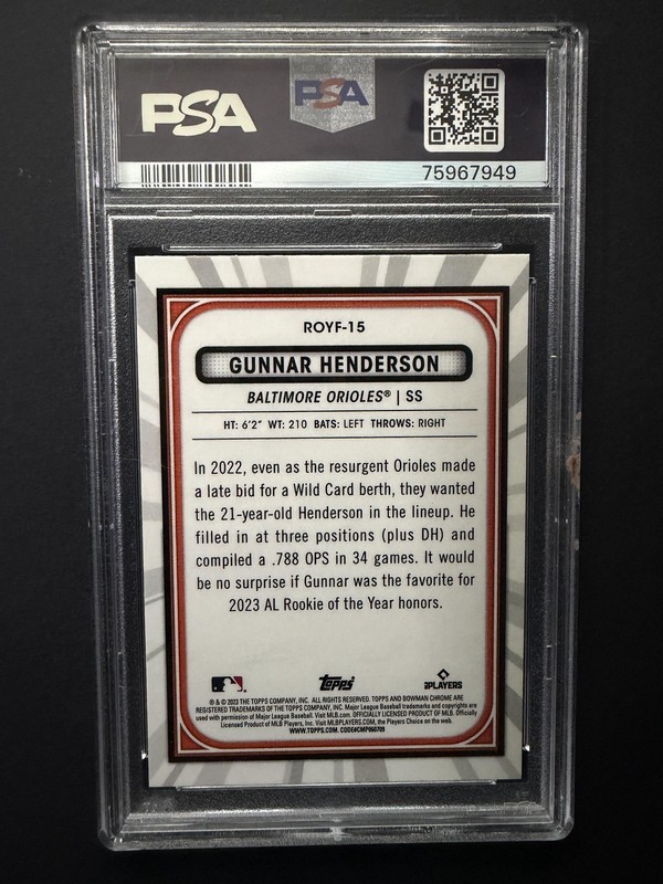 2023 Bowman #ROYF-15 Gunnar Henderson Rookie of the Year Favorites PSA 10 view 2