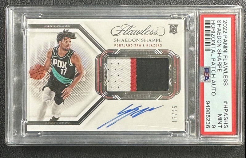 SHAEDON SHARPE PSA 9 2022-23 PANINI FLAWLESS ROOKIE GU HORIZONTAL PATCH AUTO /25