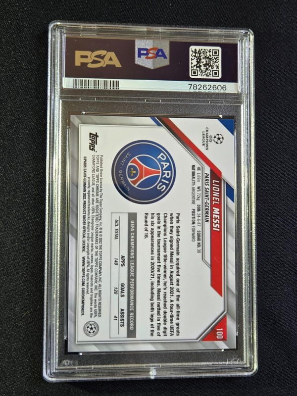 2021-2022 Topps Chrome UCL Lionel Messi #100 PSA 10 view 2