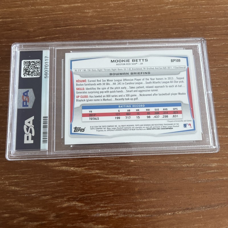 2014 Bowman Prospects #BP109 Mookie Betts 4 WS Dodgers, Red Sox PSA 9 Mint view 2