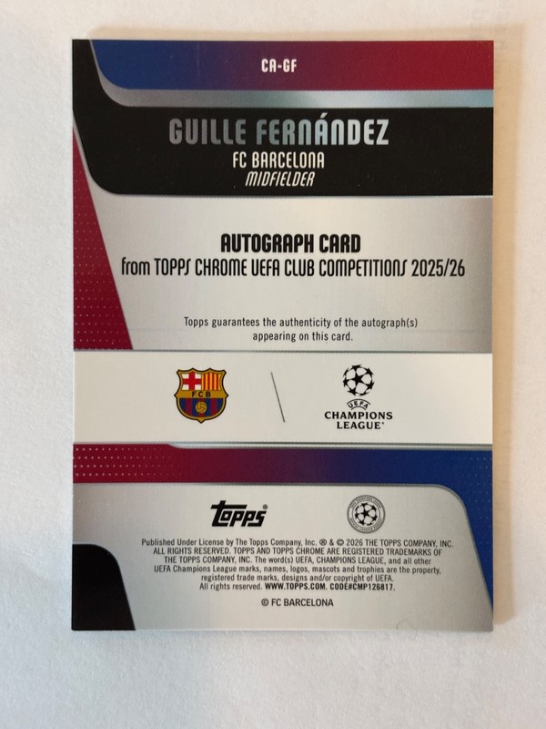 2025-26 Topps Chrome UCC Guille FERNANDEZ RC Refractor AUTO view 2