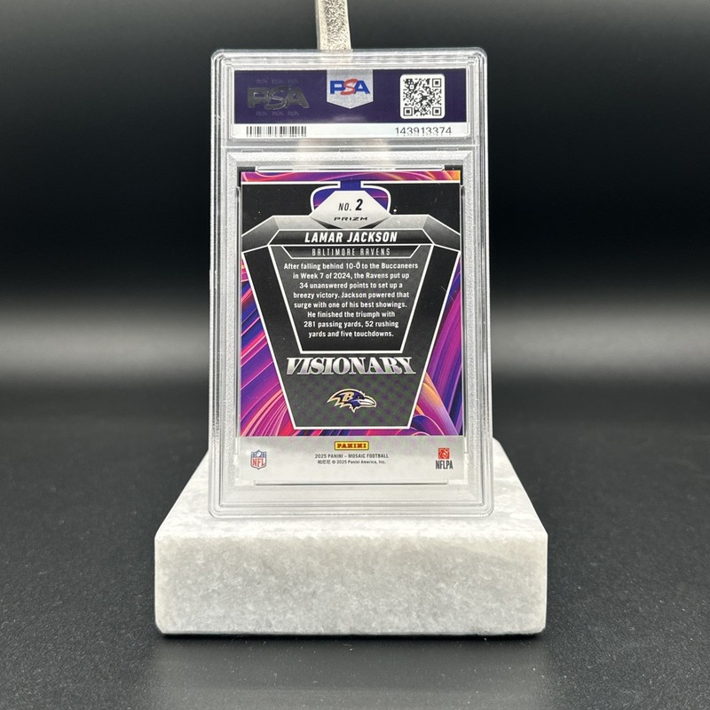 Lamar Jackson 2025 Panini Mosaic Visionary Baltimore Ravens PSA 10 NFL Case Hit view 2