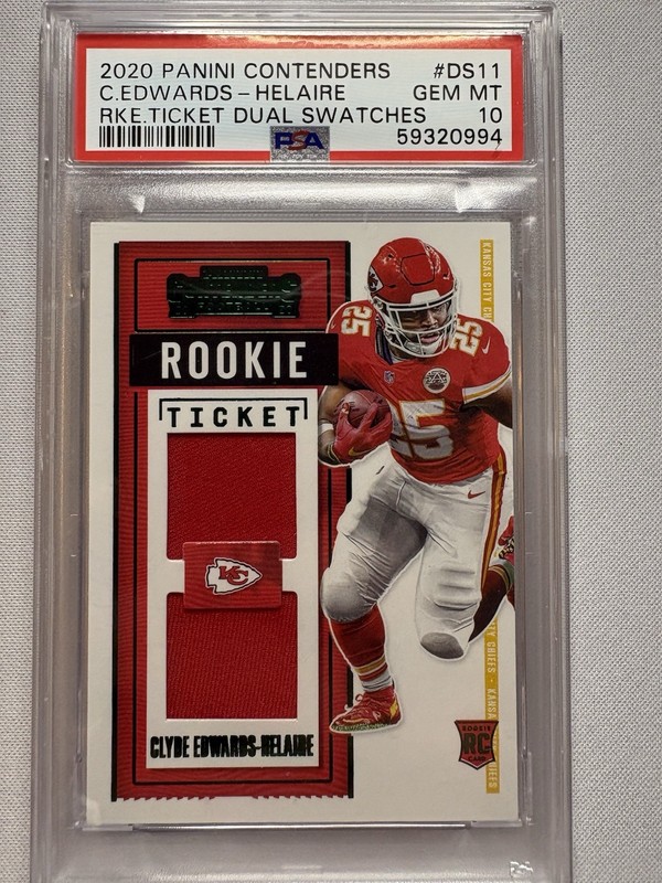 2020 Clyde Edwards-Helaire Rookie Ticket Dual Swatches #DS11 (MEM,RC) PSA 10 view 2