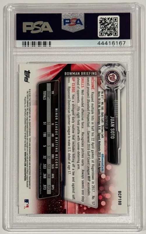 2017 Bowman Chrome #BCP180 Juan Soto Purple Shimmer Refractor PSA 10 Low Pop view 2