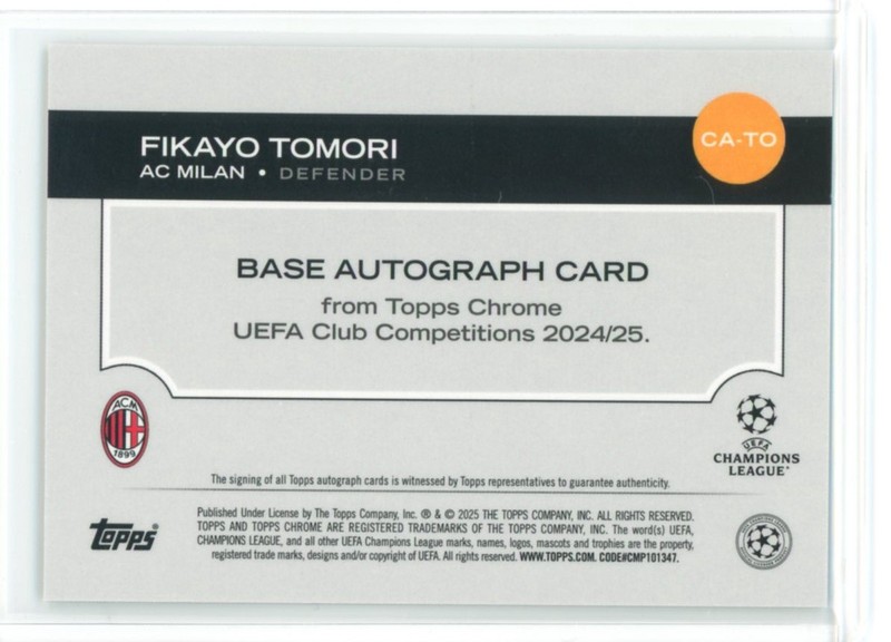 2024-25 TOPPS CHROME UEFA CLUB COMPETITIONS TOPPSFRACTOR AUTO FIKAYO TOMORI /52 view 2
