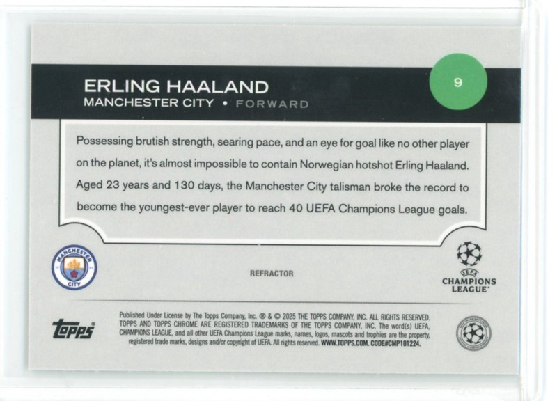 2024-25 TOPPS CHROME UEFA CLUB COMPETITIONS REFRACTOR ERLING HAALAND #9 view 2