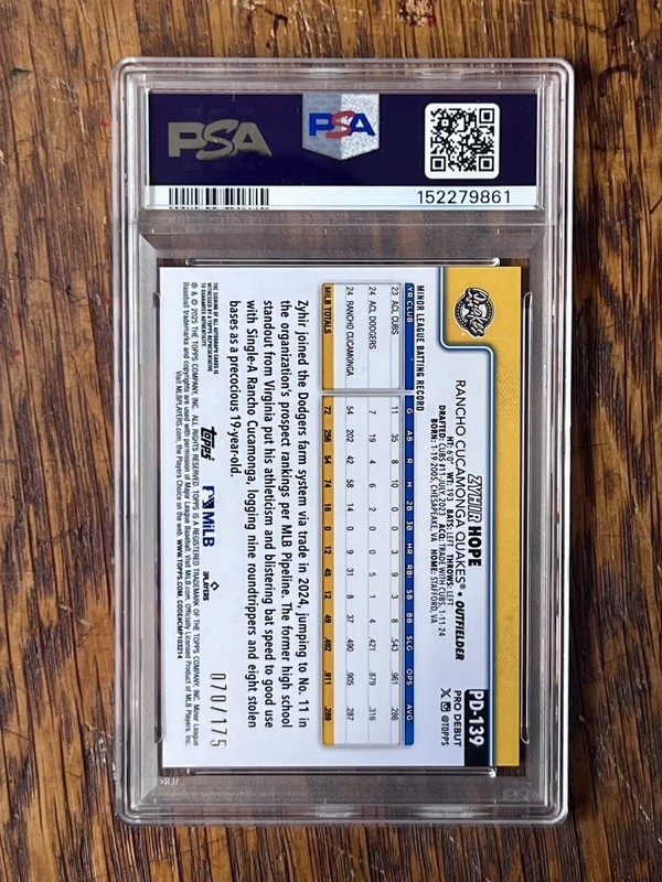 2025 Topps Pro Debut Zyhir Hope Sparkle Foil Auto /175 #139 PSA 9 MINT Dodgers view 2