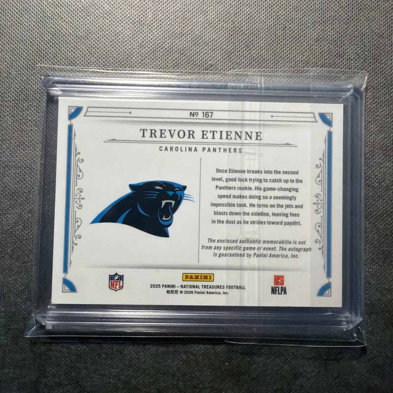 2025 National Treasures Trevor Etienne Rookie Patch Auto /23 view 2