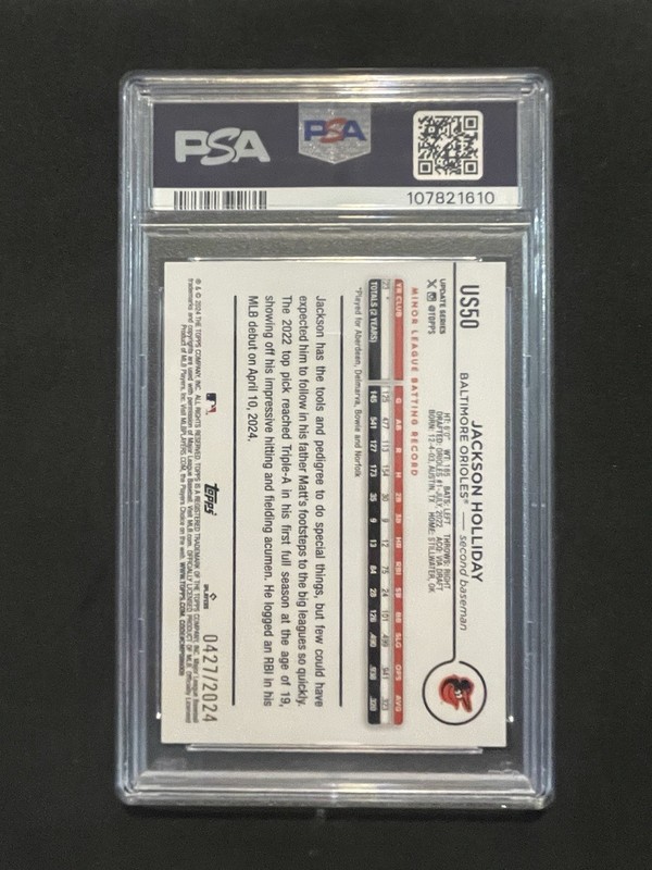 JACKSON HOLLIDAY 2024 Topps Update Series #US50 Gold Rookie RC /2024 PSA 8 view 2