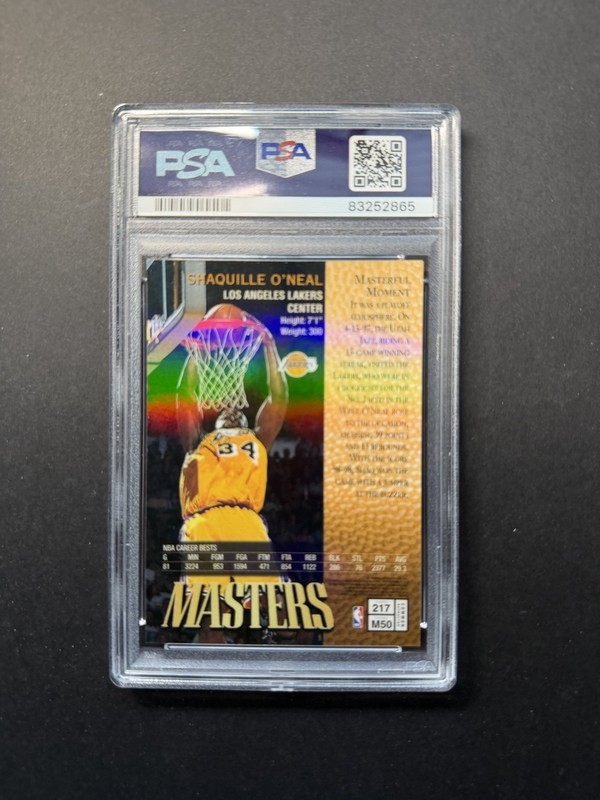 1997 Topps Finest Masters Refractor Shaquille O'Neal #217 PSA 9 view 2