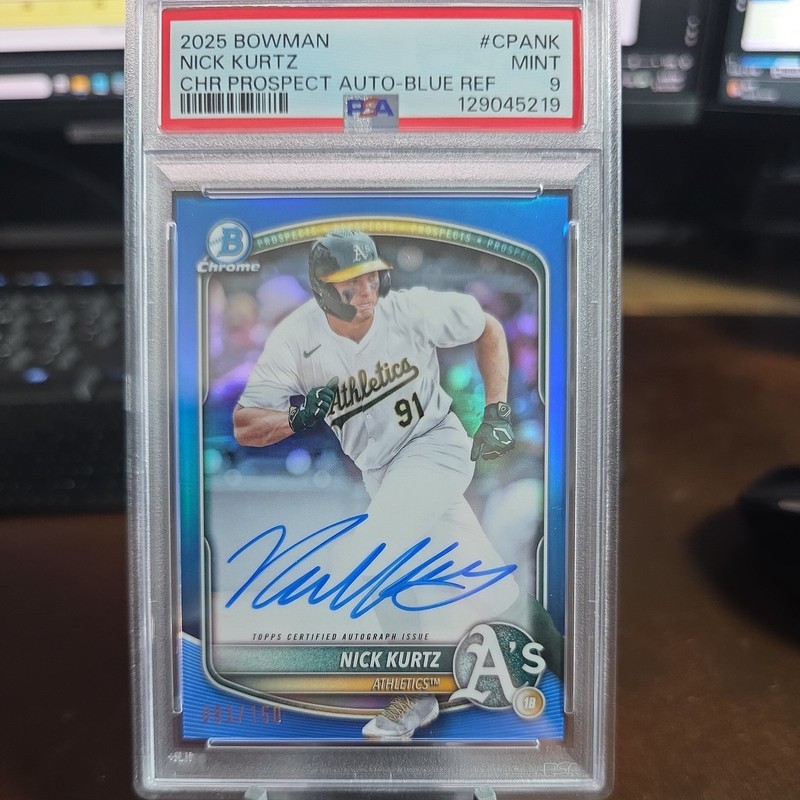 2025 BOWMAN CHROME AUTO NICK KURTZ SIGNED BLUE REFRACTOR /150 PSA 9