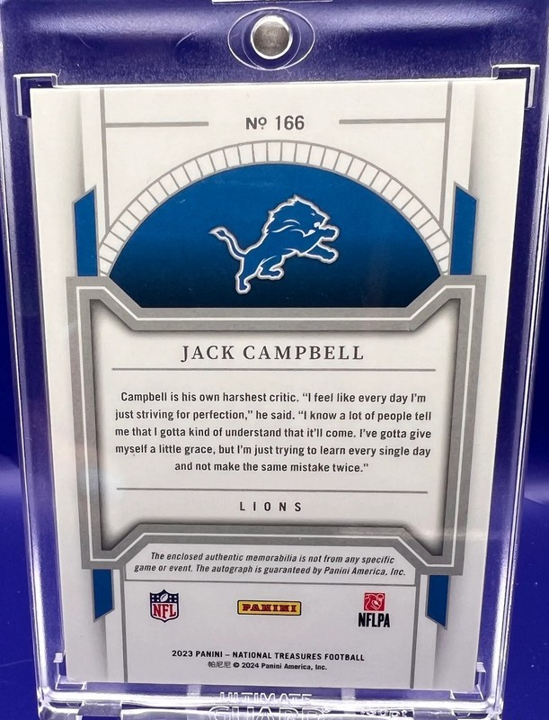 2023 Panini National Treasures Jack Campbell Rookie Patch Auto /99 Detroit Lions view 2