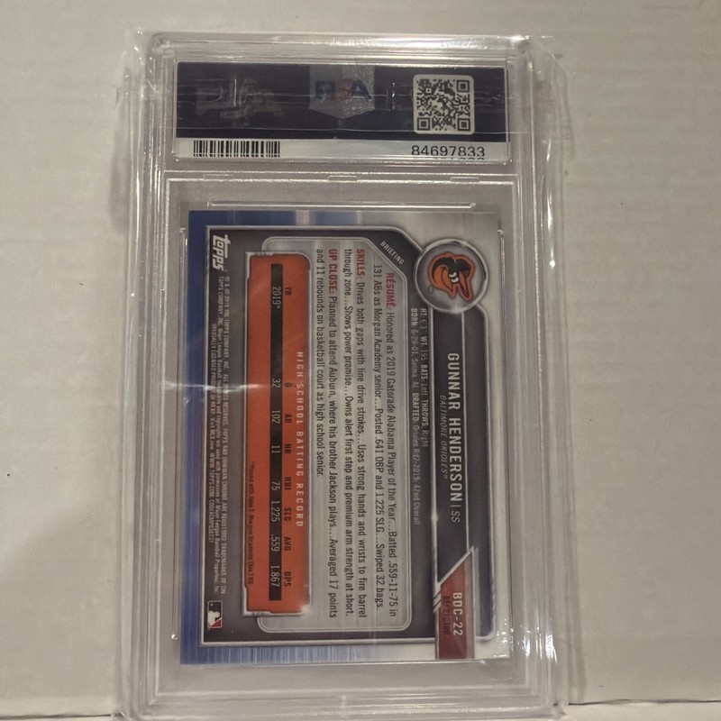 GUNNAR HENDERSON 2019 BOWMAN DRAFT CHROME REFRACTOR RC #BDC-22 ORIOLES PSA 10 SP view 2