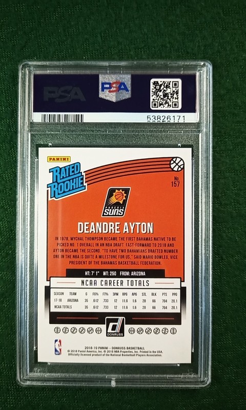 DeAndre Ayton 2018 Panini Donrus Rated Rookie #157 PSA 10 Gem MT Suns Blazers view 2