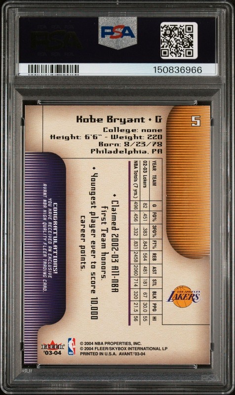 2003 FLEER AVANT #5 KOBE BRYANT PSA 6 view 2