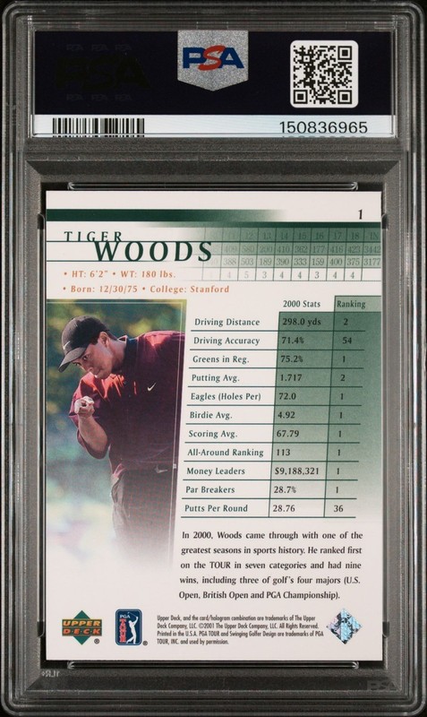 Tiger Woods ROOKIE 2001 Upper Deck golf RC #1 PSA 8 PGA Tour view 2