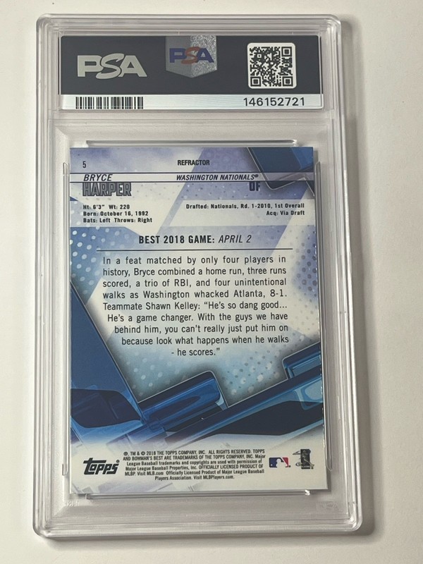 BRYCE HARPER 2018 Bowman's Best REFRACTOR #5 Phillies PSA 10 GEM MINT view 2