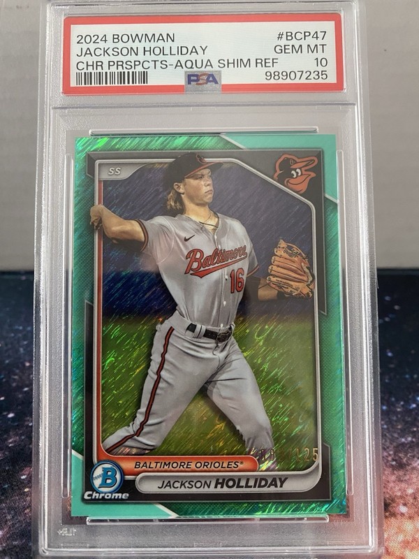 Bowman 2024 Chrome Jackson Holliday #BCP-47 Aqua Shimmer /125 Rookie PSA 10 view 1