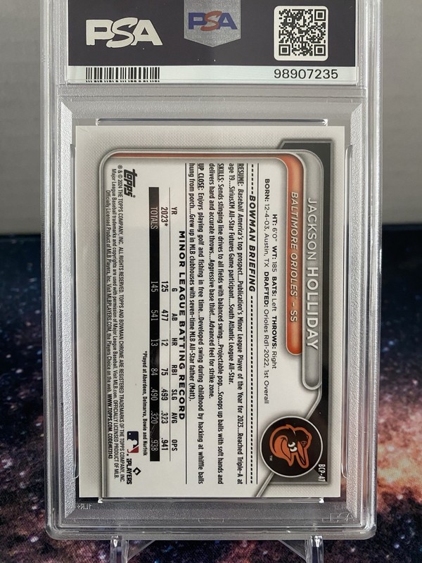 Bowman 2024 Chrome Jackson Holliday #BCP-47 Aqua Shimmer /125 Rookie PSA 10 view 2