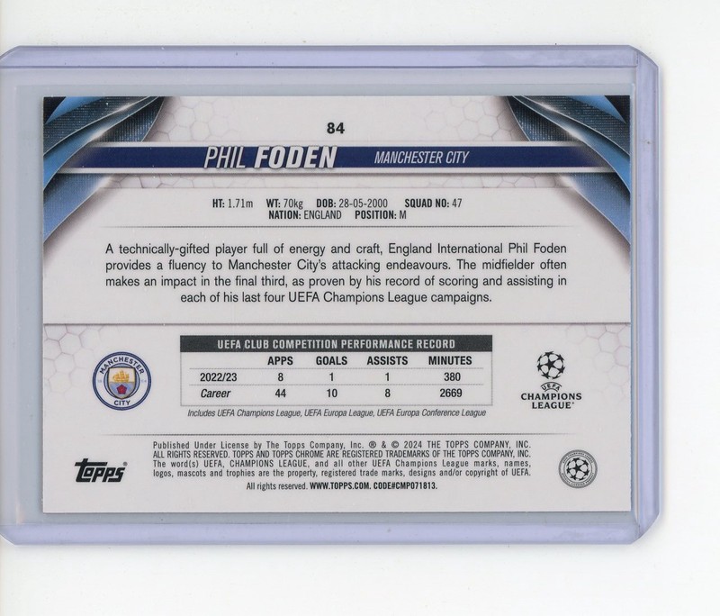 2023-24 TOPPS CHROME SAPPHIRE UEFA CLUB COMPETITION GOLD PHIL FODEN /50 view 2