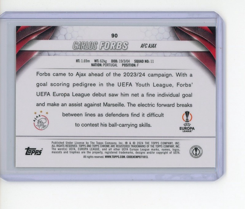 2023-24 TOPPS CHROME SAPPHIRE UEFA CLUB COMPETITION YELLOW CARLOS FORBS /75 view 2