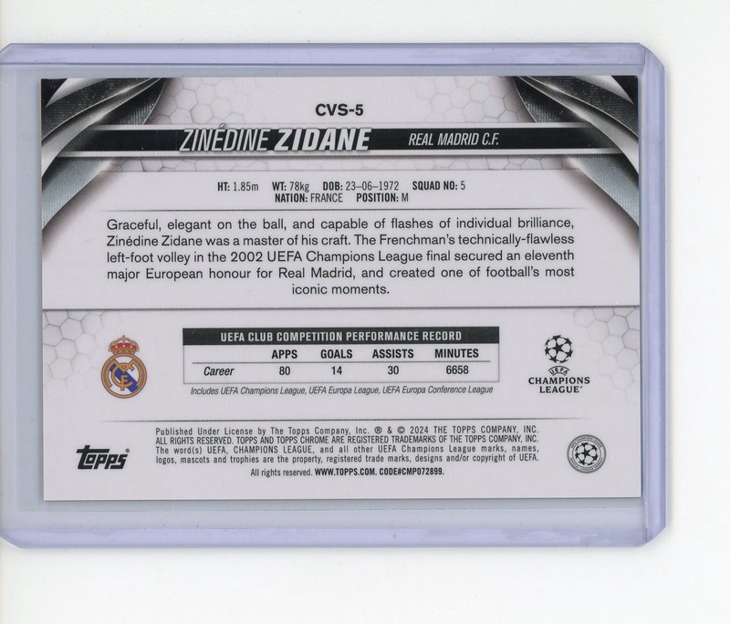 2023-24 TOPPS CHROME SAPPHIRE UEFA IMAGE VARIATION GOLD ZINEDINE ZIDANE /50 view 2