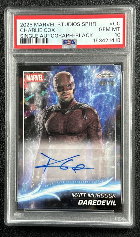 CHARLIE COX DAREDEVIL PSA 10 2025 TOPPS CHROME MARVEL SAPPHIRE AUTO BLACK 8/10