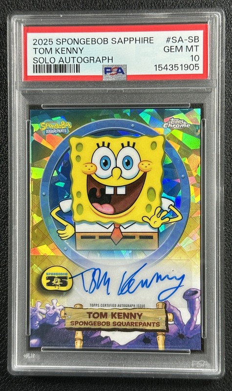 TOM KENNY AS SPONGEBOB SQUAREPANTS PSA 10 2025 TOPPS CHROME SAPPHIRE #SA-SB AUTO